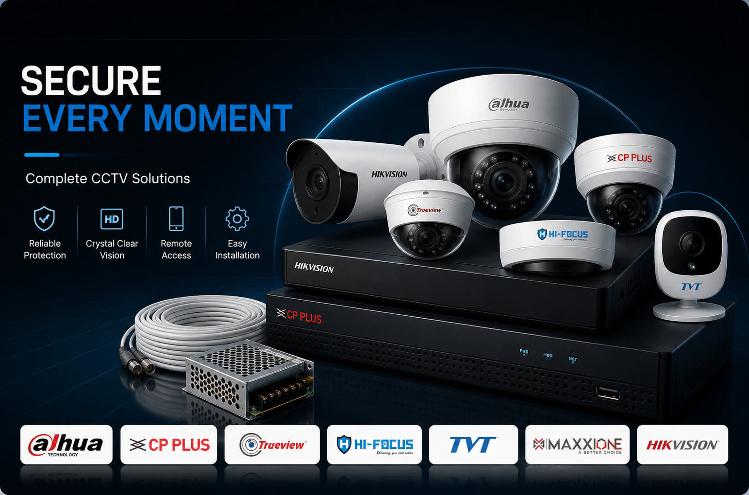 Dome and bullet CCTV cameras, DVR and cabling from Hikvision, Dahua, CP Plus and other stocked brands