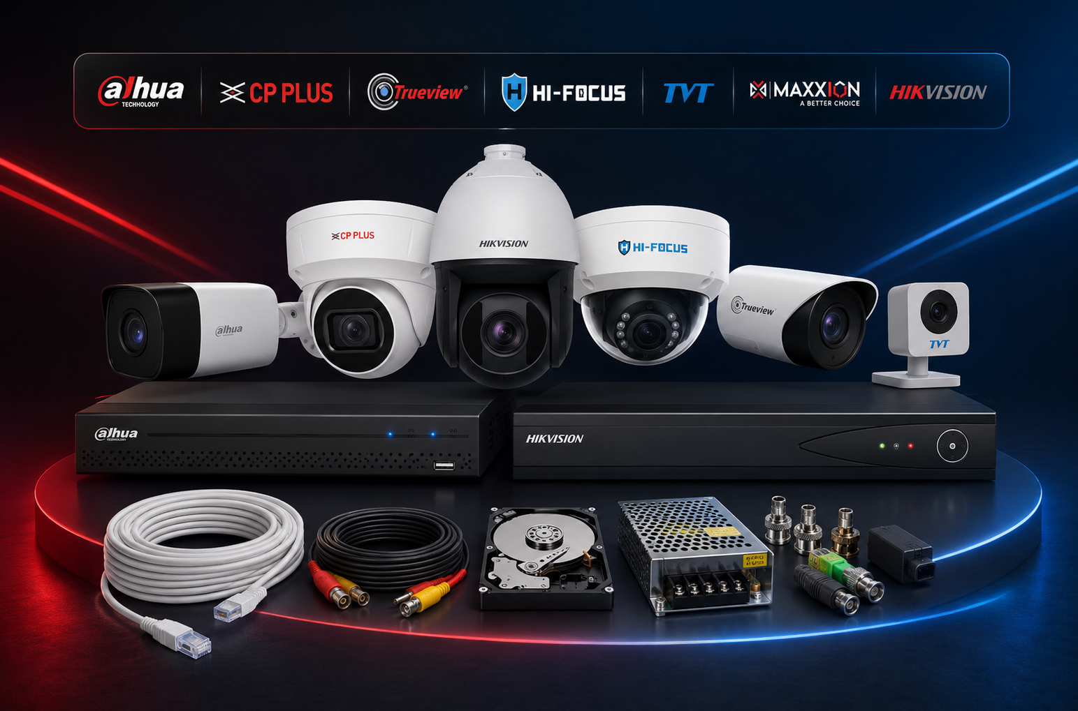 CCTV cameras, DVR units, hard disk and cabling from all stocked brands