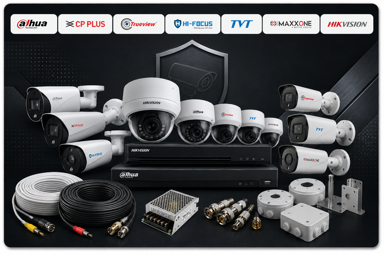 Full range of dome and bullet CCTV cameras with DVR and mounting accessories