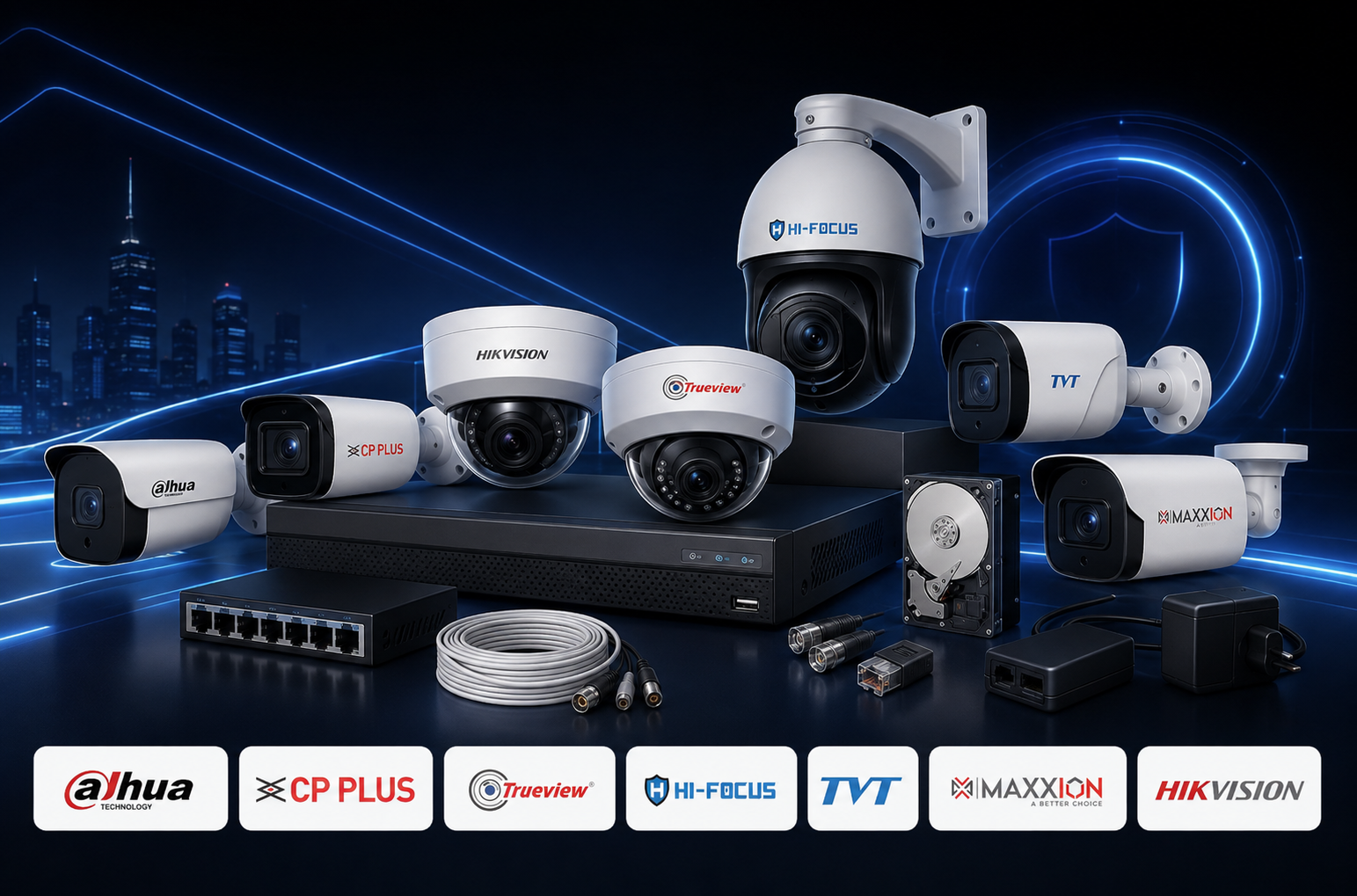 CCTV cameras, DVR, network switch and accessories from all stocked brands